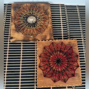 Handmade Geometric Flower String Wooden Wall Art Home Decor 7.5x8" Lot of 2.
